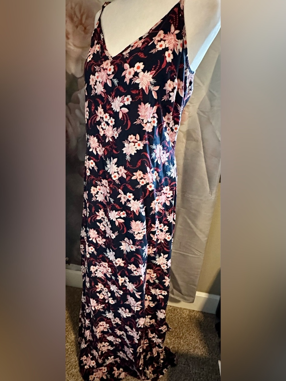 LOFT Navy Dress with Pink Floral Print